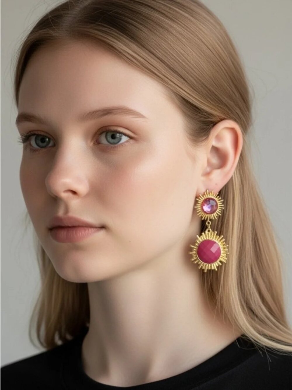 Gold and Pink Sunburst Drop Earrings